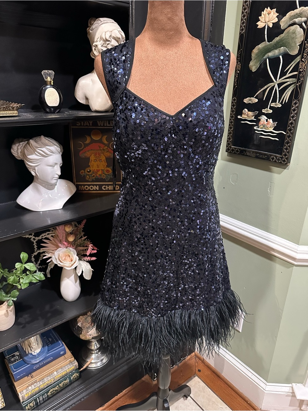 Guess Nikki Blue Sequin & Feather Dress – Size 10